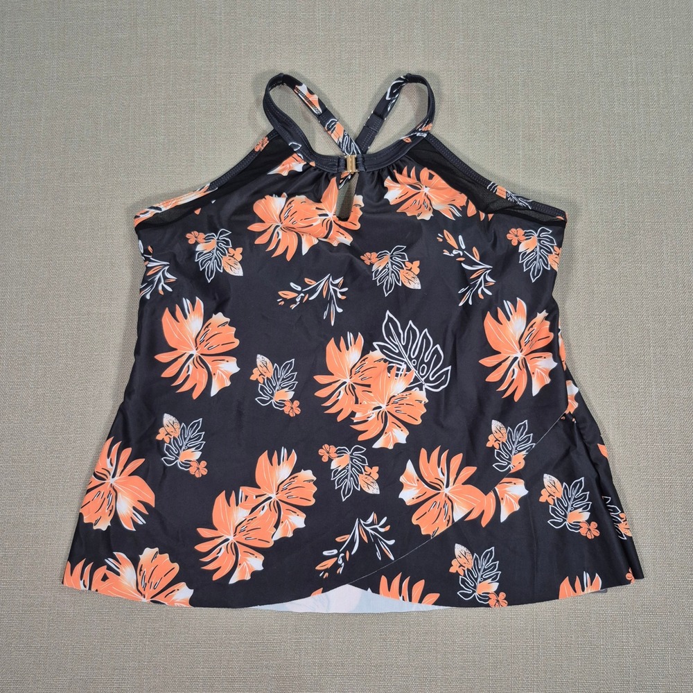 Blooming Jelly Floral Tankini Top Black Orange Tropical Halter Keyhole XL NWT